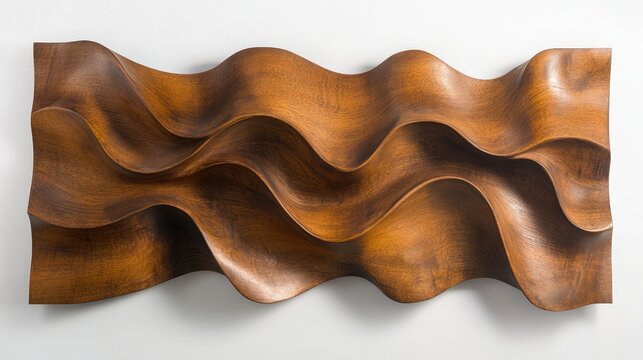 elegant wooden wall art displaying fluid wave formations, handcrafted with rich textures and warm amber tones, casting subtle shadows creating depth