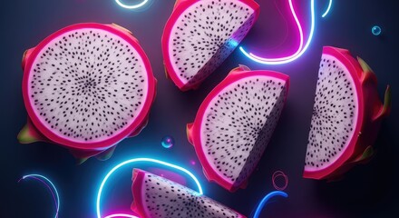 A vibrant display of sliced dragon fruit with neon light accents around it
