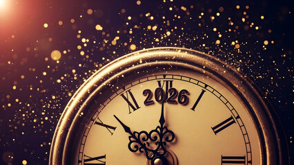 New year 2026 countdown clock approaching midnight with golden glitter bokeh lights on dark background