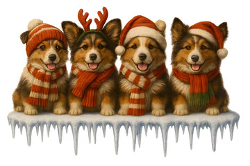 Cute Christmas Dog Breeds Collection &ndash; Holiday Puppy Set in Festive Winter Outfits,  Transparent background, Shetland Sheepdog