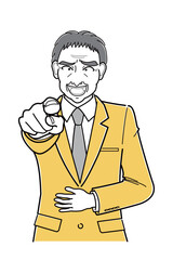 指をさしてあざ笑うスーツの中年男性・上半身（シンプル）