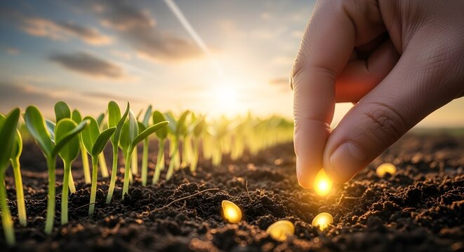 Sowing seeds and future planning in agriculture, business, and finance. Concept of growth, new beginnings, and hard work leading to success. A human hand dropping a glowing seed into the dark,