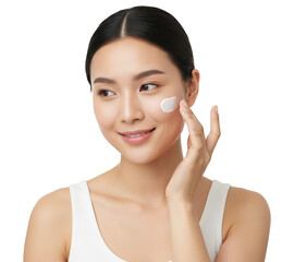 PNG. young woman applying cosmetic cream. young woman applying make up cream on her cheeks on transparent background.