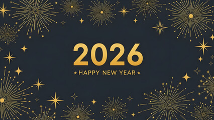 2026 happy new year greeting card with golden fireworks and stars on dark blue background vector illustration