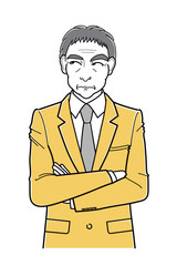 腕を組んで考え事をしているスーツの中年男性・上半身（シンプル）