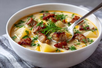 Creamy potato sausage soup served in white bowl