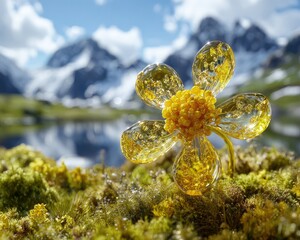 Yellow Crystal Flower In Alpine Landscape