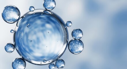 Abstract molecular structure with water droplets and bubbles against a soft blue sky background, representing science and purity