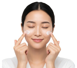 PNG. young woman applying cosmetic cream. young woman applying make up cream on her cheeks on transparent background.