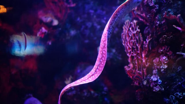 Exotic moray eel displayed in marine aquarium. Moray eel swimming in aquarium. Close-up of moray eel Inside aquarium tank.