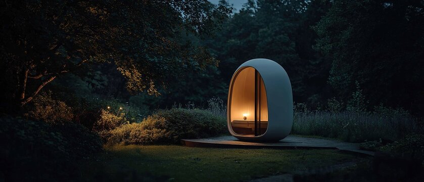 A futuristic, egg-shaped meditation or relaxation pod sitting on a wooden deck in a dark, lush forest or garden at twilight. The pod is illuminated from within with a warm light, creating a peaceful, 