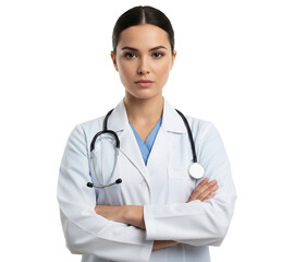 PNG. portrait of smiling female doctor with stethoscope. young woman doctor crossed arms on transparent background.