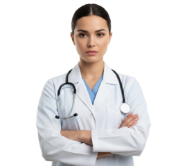 PNG. portrait of smiling female doctor with stethoscope. young woman doctor crossed arms on transparent background.