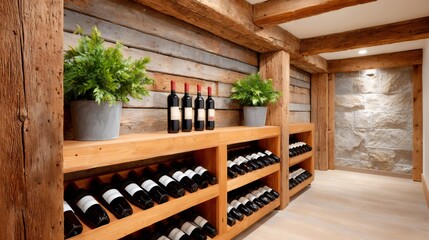 Rustic wooden and stone wine cellar storing bottled red wine