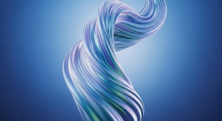 Abstract swirling iridescent blue and purple ribbon shape against a soft blue gradient background