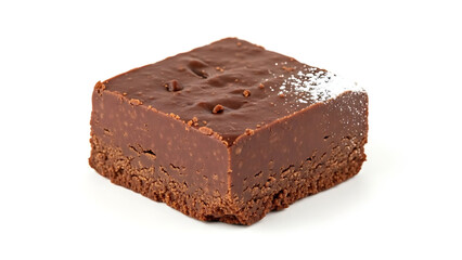 Decadent square of rich homemade chocolate fudge dessert with a dusting of powdered sugar, isolated on white