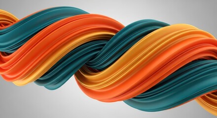 Abstract swirling ribbons of orange and teal colors twisted together in a dynamic, fluid motion on a plain gray background