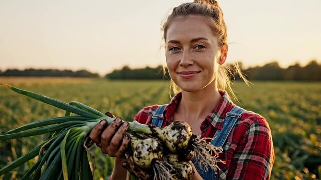 A smiling woman holds freshly harvested onions in a sunlit field.