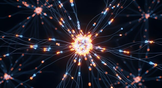 Abstract 3D rendering of neuron cell network communication. Artificial intelligence, deep learning, and advanced technology concept. Glowing brain impulse structure on a dark background