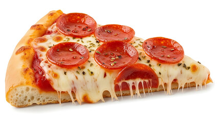 Indulgent slice of hot pepperoni pizza, featuring melted, stringy cheese and a golden, inviting crust