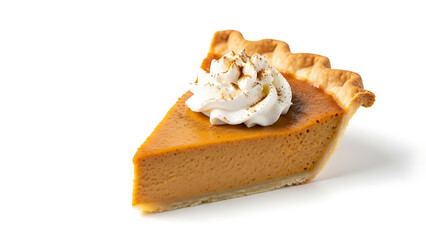 A delicious slice of pumpkin pie topped with whipped cream and cinnamon isolated on a white background