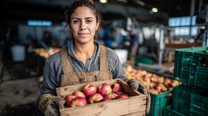 Female agriculture worker holding a wooden crate of fresh ripe apples in a warehouse