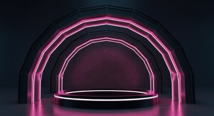 Dark hexagonal archway with glowing pink neon rings and reflective floor: Cyberpunk or futuristic product launch stage.