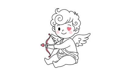 Obraz premium A cute and charming coloring book style illustration of a winking cupid with a pink heart detail, holding a bow and arrow.