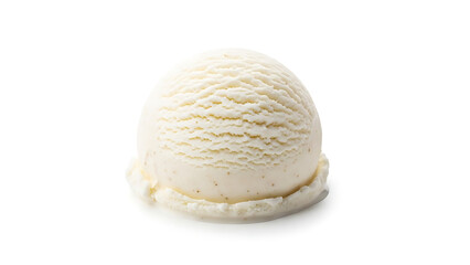 Close-up view of a perfectly formed scoop of creamy vanilla ice cream on a white background