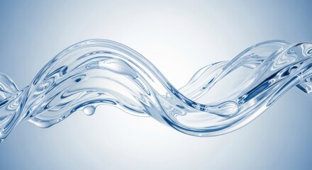 Abstract swirling wave of clear liquid water splashing and flowing in a dynamic motion against a light blue background