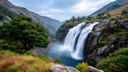 Waterfall cascading down rocky mountain in natural landscape