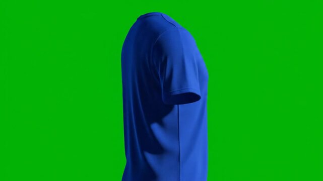 Blue t-shirt mockup rotating in full 360 degree loop on clean green screen for apparel preview use