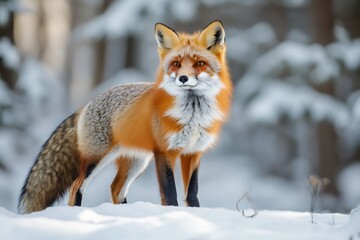 Naklejka premium Red fox standing in snowy forest during winter