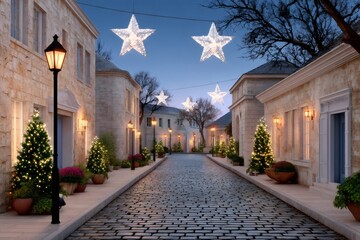Village street decorated with Christmas star lights and trees