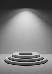 Simple white tiered platform with a square block centerpiece under a single spotlight: Minimalist geometric display.