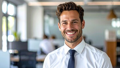 a confident and approachable professional smiling broadly in a modern office setting exuding positivity and success
