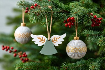 Fototapeta premium Christmas tree decorating with angel and bauble ornaments