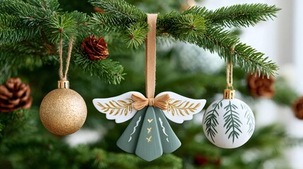 Obraz premium Christmas holidays tree decorating with ornaments and pinecones