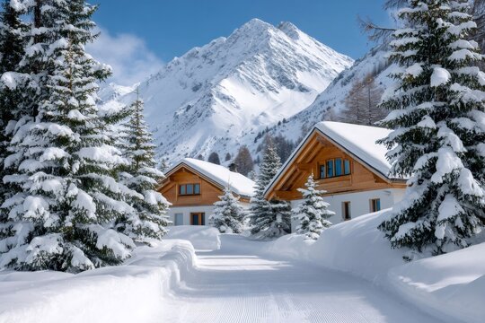 Snowy mountain chalets in winter ski resort scene