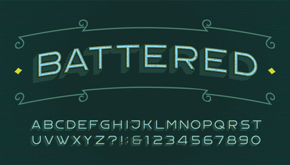 Battered alphabet font. A vintage-style set of letters and numbers with weathered textures. Perfect for creating striking headlines, logos, posters, and designs that demand an authentic, aged characte