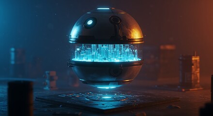 Futuristic Robot Head with Blue Circuitry on Table