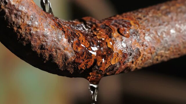 Rusty Pipe with Dripping Water - A close-up shot shows a section of rusty metal pipe with water droplets clinging to its surface and dripping from the bottom.