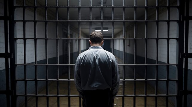 Man standing in front of prison bars looking down a dark hallway