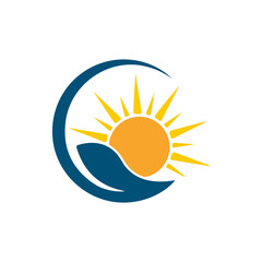 Stylized sun rising over a blue wave or leaf shape