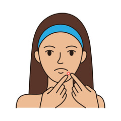A girl popping pimple on her face, editable stroke  Vector illustration of sad woman squeezes a pimple on her chin