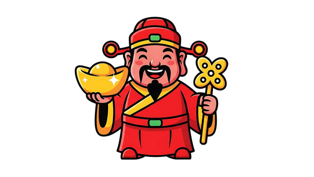 Cartoon illustration of Chinese God of Wealth holding gold ingot and flower staff.