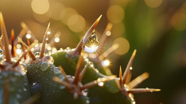 Cactus Thorns with Dew Drops - A macro shot showcases the sharp thorns of a cactus covered in glistening water droplets.
