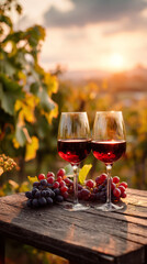 Naklejka premium Two glasses of red wine with fresh grapes on wooden table in vineyard during sunset warm light