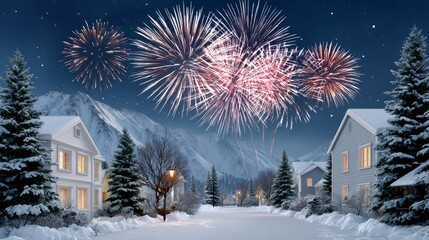 Fireworks exploding over a snowy winter town at night