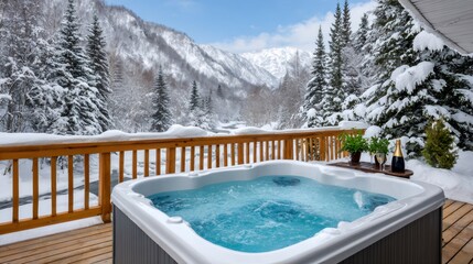 Hot tub bubbling on winter deck with champagne